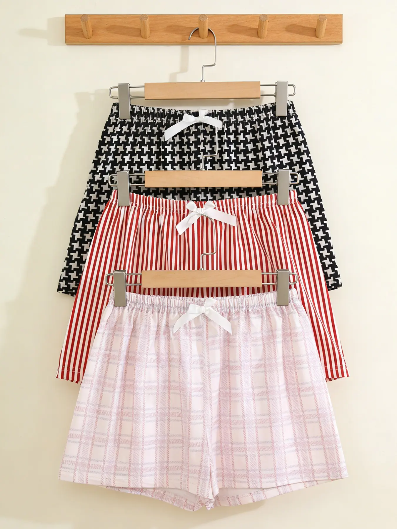 Women's 3 Pack Pajama Sleep Shorts, Spring & Summer Wearable, Houndstooth Stripe Plaid Print with Bow Decor, Korean Lazy Style, Casual Cozy Home Loungewear, Casual Comfy Pyjama, Elastic Shorts Loungewear