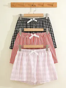 Women's 3 Pack Sleep Shorts, Spring & Summer Wearable, Houndstooth Stripe Plaid Print with Bow Decor, Korean Lazy Style, Casual Cozy Home Loungewear, Nightwear, Womenswear, Lightweight Sleepwear