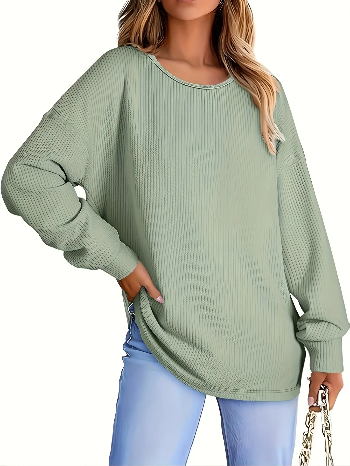 Plus Size Women's Casual Loose Long Sleeve Top, Fashionable Solid Color Sweatshirt, Fall Winter Commuter Essential, Womenswear