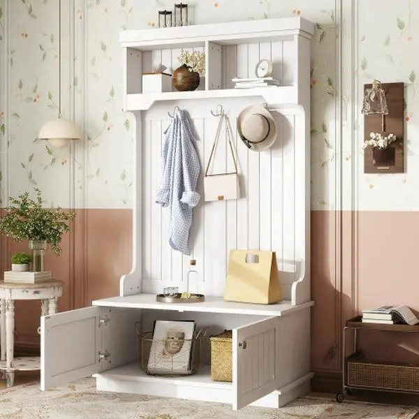 Hall Tree with Storage Shoe Bench for Entryway and Hallway, 4-in-1 Design Coat Racks with Hooks for Living Room