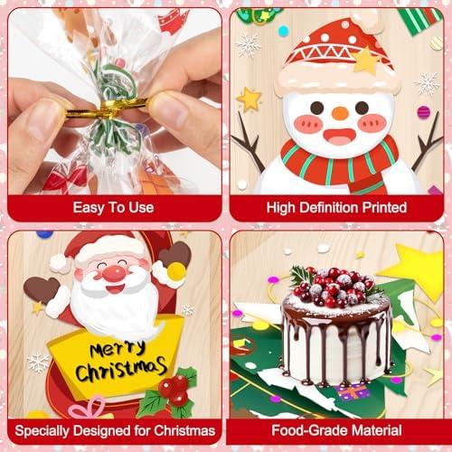 100 Pcs Christmas Treat Bags - Cute Merry Christmas Cellophane Bags, Plastic Christmass Gift Bags Bulk, Clear Winter Xmas Candy Cello Goodie Bag with Twist Ties for Xmas Party Favors Supplies