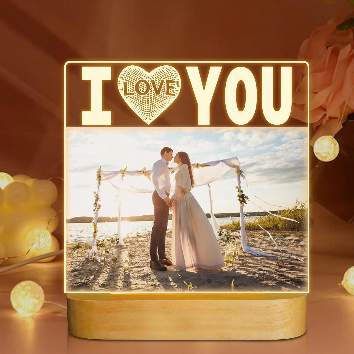 LED Light-Up Photo Frame with USB Cable, Tabletop Home Decor Light, "I Love You" Themed Gift for Boyfriend, Husband Wedding Anniversary Present