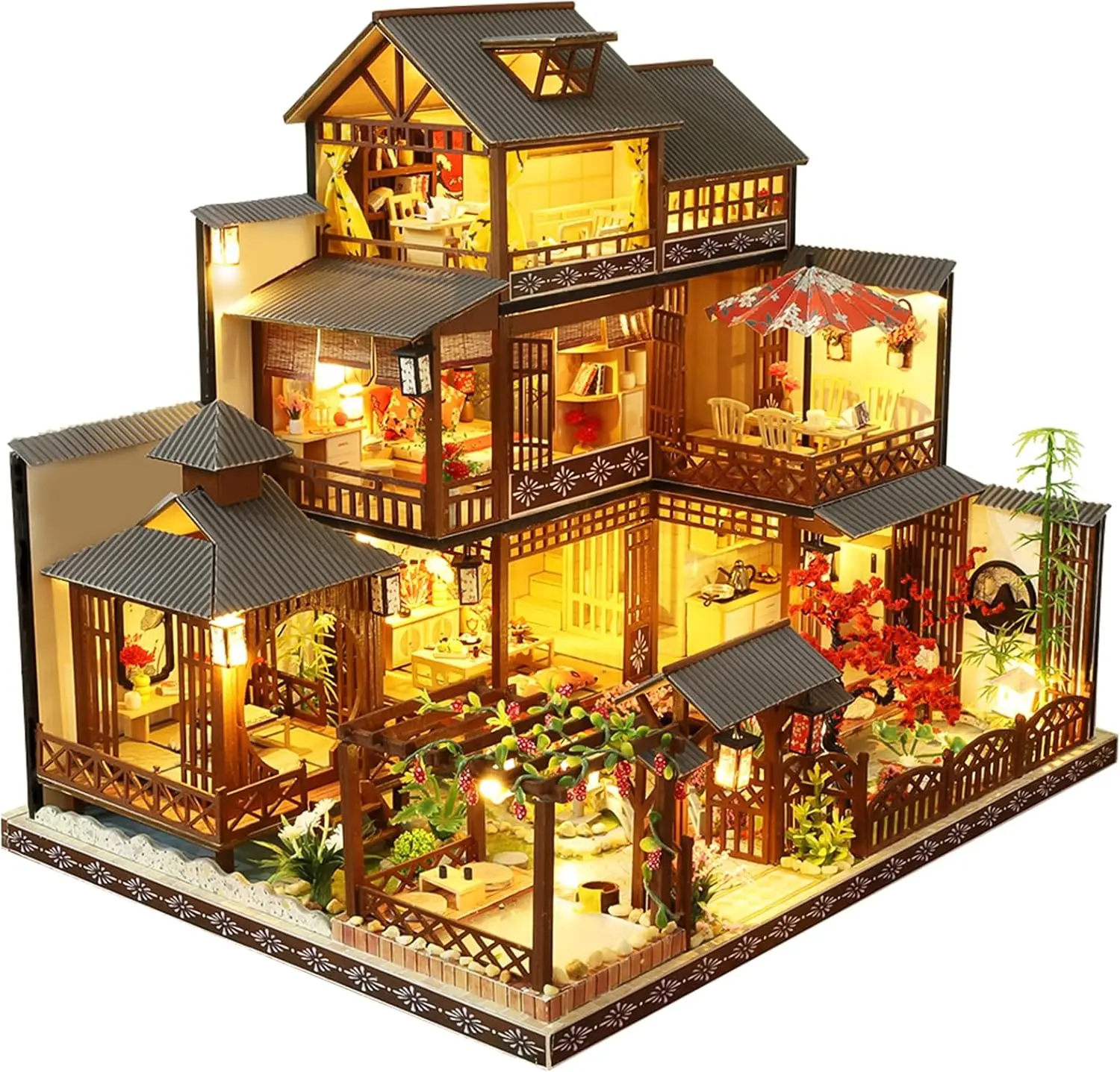 Spilay 1:24 Scale Miniature Form Dollhouse Kit - Yaquan Japanese Courtyard DIY Set with Wooden Furniture, LED Lights, Music Box, Step-by-Step Guide, 3 kg, Valentine's Day Creative Gift for Adults, Home Decoration