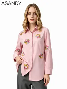 ASANDY Women's Collared Long-Sleeves Top, Pink Button-Down Shirt with 3D Floral Sequin Embroidery, Elegant Casual Blouse for Work & Everyday Wear tiktokshopspringglowup,summervibes