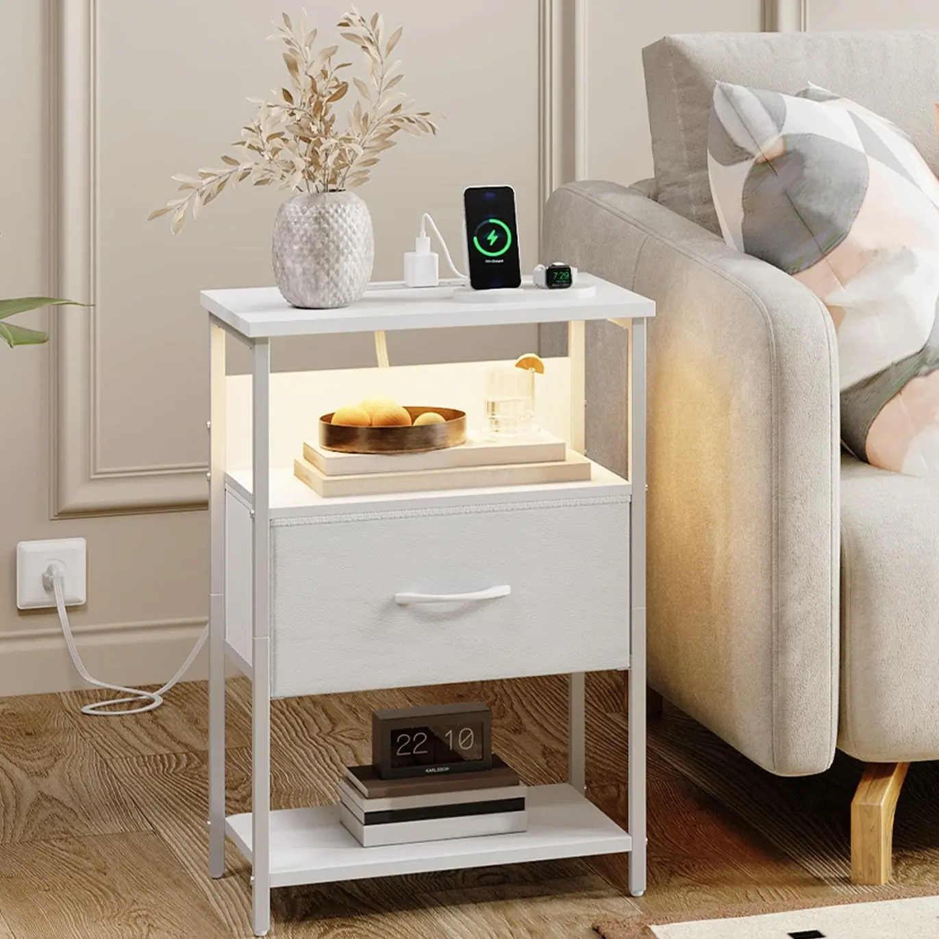 Modern 1-Drawer LED Nightstand with Drawers, Charging Ports, Adjustable Legs, PU Leather & Voice-Light Control - Space-Saving Indoor Furniture Side Table for Bedroom, Apartment