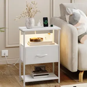 LED Nightstand with Charging Station,Night Stand with 1 Drawer,Bedside Tables,Space-Saving End Table with USB Ports for Apartment,Living Room,Bedroom Furniture,Back to School