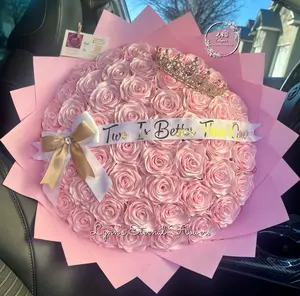 Lynn's Eternal Flowers 50 Luxury Eternal Bouquet Decorative Double Satin Ribbon Roses with Custom Message Ideal for Special Occasions and Gifts
