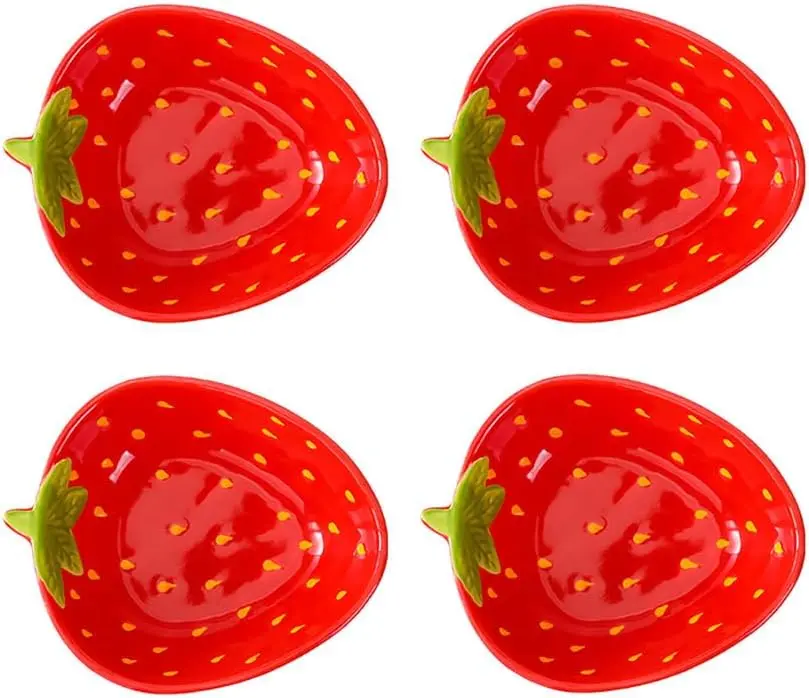 Cute Multipurpose Ceramic Appetizer Plates Dessert Bowls Sauce Dish Seasoning Dishes Candy Nuts Snacks Dishes-Strawberry-4 PCS
