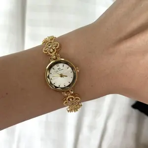 Women Gold Zircon Gemstones Retro Round Bracelet Adjustable Watch Stainless steel + gift bag