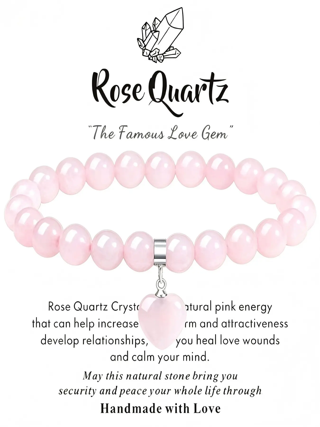 Women's crystal bracelet, Healing crystal bracelet, Pretty Bracelet, 8mm natural gemstone beaded bracelet, Natural Crystal Bracelets, heart-shaped bracelet jewelry gift, suitable for birthdays, Mother's Day, Valentine's Day, and anniversaries.