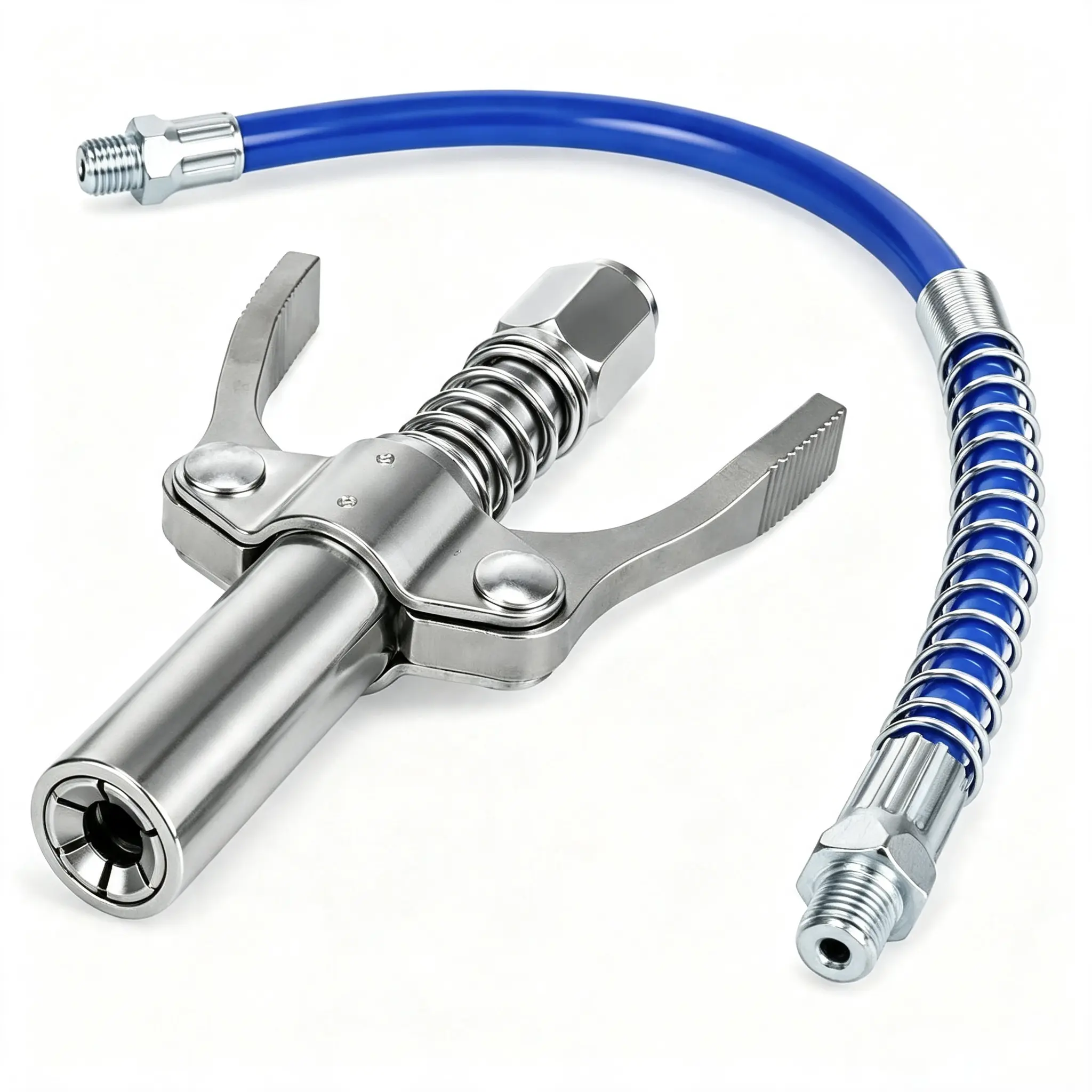 Locking Grease Coupler with Dual Handle Design, Flexible Blue High-Pressure Extension Hose, 1/8" NPT Quick Connect High-Pressure Self-Locking Grease Gun Nozzle, Leakproof Connectors for Car Maintenance, Industrial Machinery