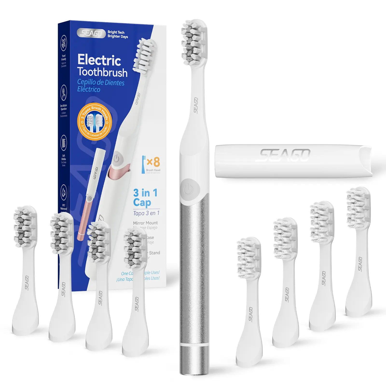 SEAGO Electric Toothbrush for Adults - 3 in 1 Holder with 8 pcs Replaceable Brush Battery Operated Travel Toothbrush kit Portable and 2 Minute Timer Sliver