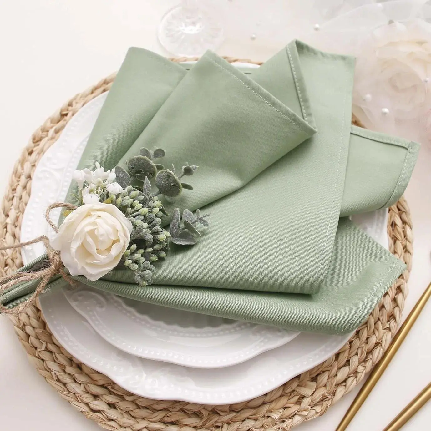 1Set  Polyester Square Shape Green Twill Weave Tableware Napkins (43 * 43Cm) - Home Dinner Table Decor, Tea Towel Use
