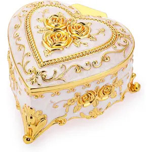 Vintage Metal Jewelry Box - Heart Shape Trinket Organizer Ring Box Case with Rose Pattern Jewelry Storage Box for Ring Earrings Necklace, Gift for Women Girls