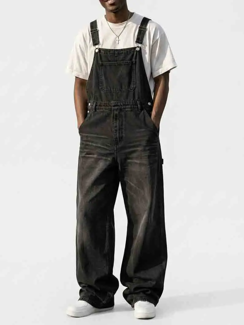 Men's Vintage Black Gray Denim Overalls Baggy Wide Leg Loose Fit Streetwear Casual Jumpsuit with Pockets