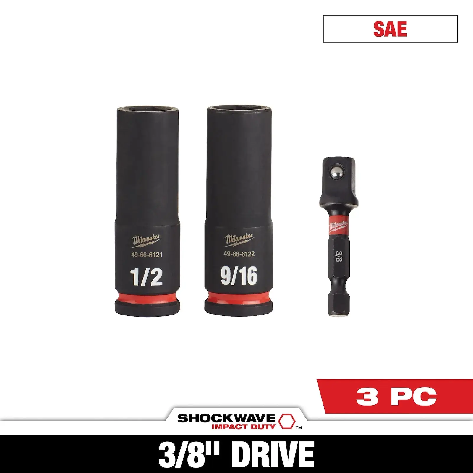 Milwaukee 49-66-4417 3PC Impact Duty 3/8" Drive SAE Deep 6 Point Socket Set