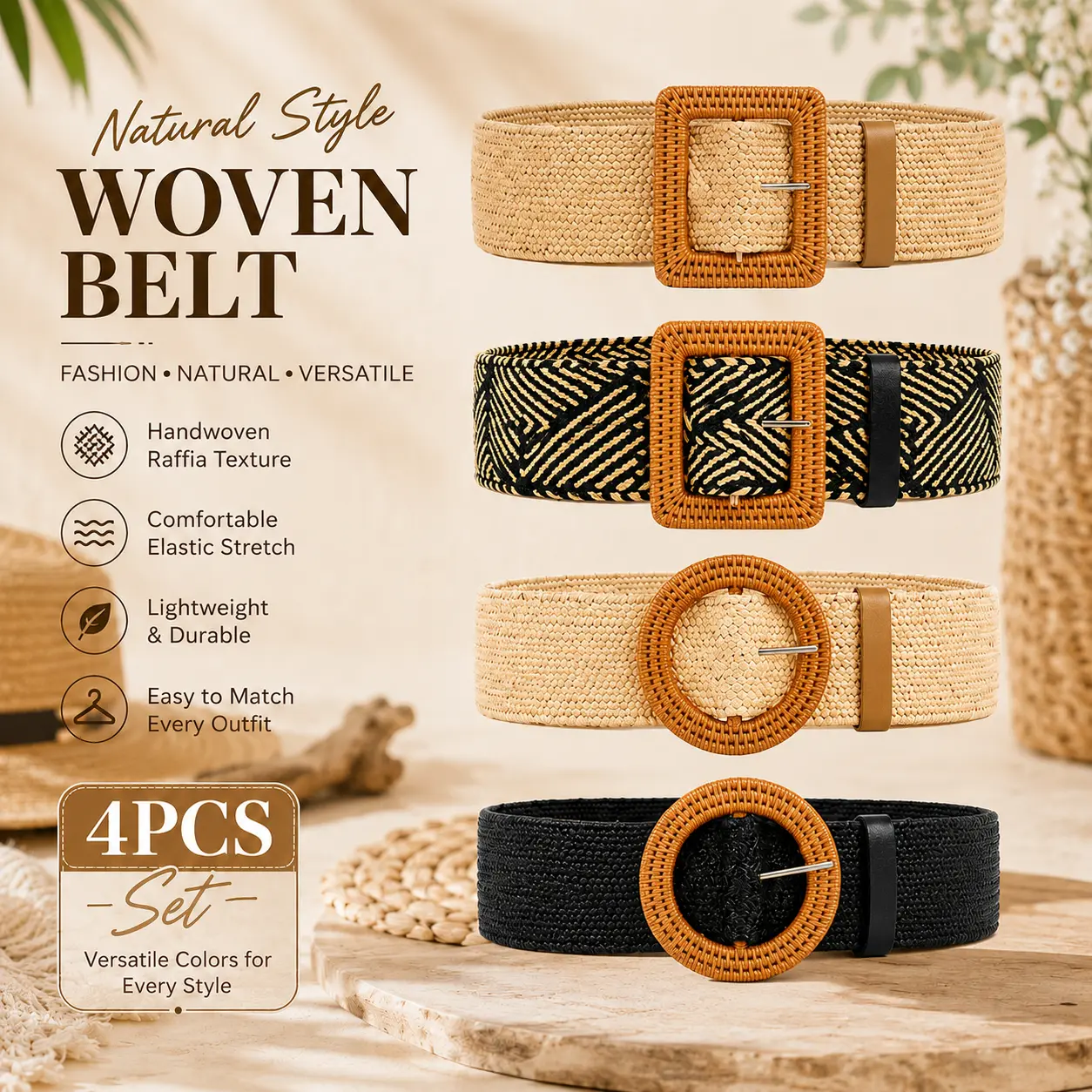Women’s 4-Pack Straw Woven Waist Belts - Boho Raffia 4-in-1 Adjustable Band for Dresses, Casual Outfits, Belts For Women, 4-In-1 Adjustable Women's Belts