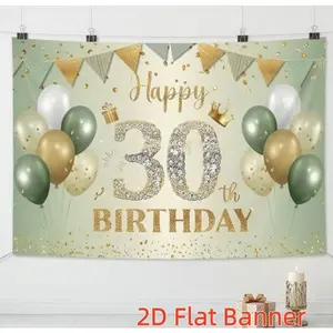 1PC Polyester 2D Flat Custom Backdrop, 30th Birthday Decor with Golden Balloon-Crown, Adult Birthday Photo Shoot Banner & Background Wall Decoration