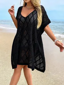 Elegant V Neck Crochet Beach Dress, Sexy Elastic Acrylic Hoodie, Side Slit, Spring Summer Fall, Vacation