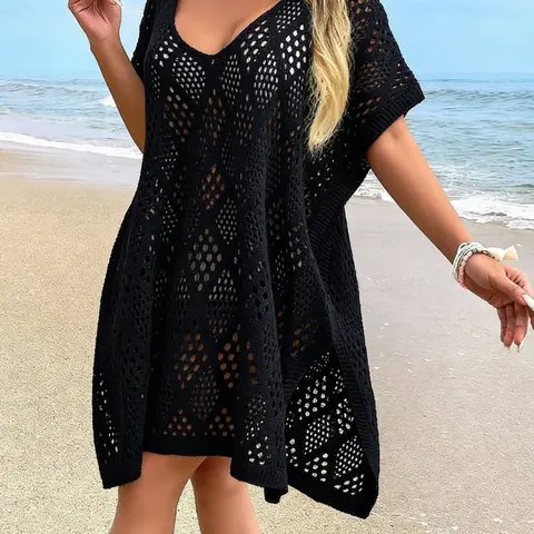 Elegant V Neck Crochet Beach Dress, Sexy Elastic Cover Ups, Side Slit, Suitable for Summer Vacation, Beachwear Cover-Up, Beach Coverup
