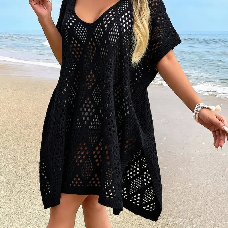 Elegant V Neck Crochet Beach Dress, Sexy Elastic Cover Ups, Side Slit, Suitable for Summer Vacation, Beachwear Cover-Up, Beach Coverup