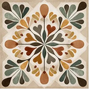 Peel and Stick Vinyl Floor Tiles, 12x12 Inch Retro Geometric Floral Pattern, Self-Adhesive Flooring (10 Pcs)