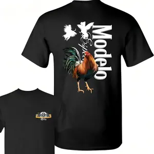 Modelo Rooster T-Shirt - Bold Rooster Graphic With Dynamic Fighting Cocks , Perfect For Beer Lovers And Fiesta Enthusiasts , Casual Daily Wear , Relaxed Fit , Unisex Style , Unique Modelo Design Crewneck Menswear Classic