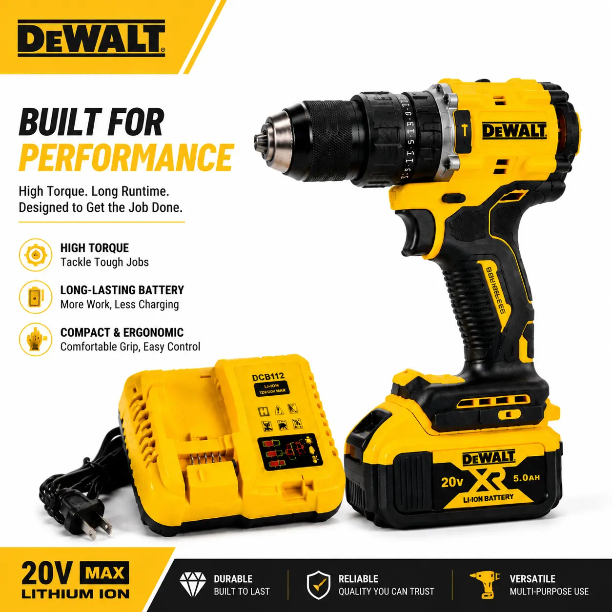 ()DEWALT Yellow Cordless Drill Set - High Torque Woodworking Tools for Drilling & Screw Driving, Durable Metal Gears, Strong Plastic Housing, Powerful Lightweight DIY Power Tool Kit for Home Repair & Garage Use
