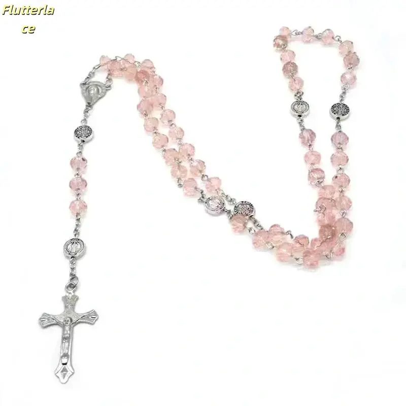 Rosary Necklace with Colorful Crystal Beads and Cross Pendant, Catholic Religious Jewelry for Men & Women, Lightweight and Elegant Accessory, Ideal Gift for Christmas, Birthday, Church, or Daily Fashion