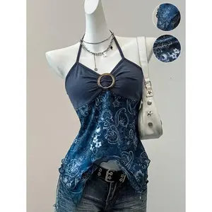 Summer Country Concert Outfit Retro Print Mesh Backless Halter Neck Blue See Through TopGift