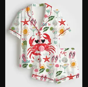 Women’s Crab Blowing Bubble Coastal Nautical Summer Beach Short Sleeve Silky Satin Pajama Set for Adult & Youth Short-Sleeve Top, Colorful Crab Short-Sleeve Pajamas (no pocket)