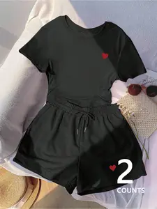 Women's Fashion Heart Print Crop Top & Shorts Set, Matching Y2K Slim Fit Summer, Party & Special Occasion Wear