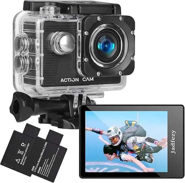 Action Camera, 30m Deep Waterproof FHD 1080P 12MP Underwater Wide-Angle Sports Camera with 2 Batteries & Accessory Kit for Outdoor Diving, Riding