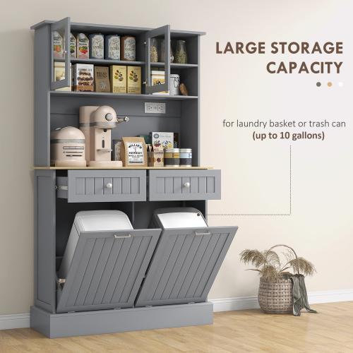 Bellemave HOMCOM 68" Multi Purpose Organized Open Storage Kitchen Furniture Cabinet with Charging Station, 2 Tilt-Out Trash Cabinets, Microwave Stand, Glass Doors & Adjustable Shelf, Freestanding Hutch, Open Storage Cabinet, Multi Purpose Kitchen Furnitur