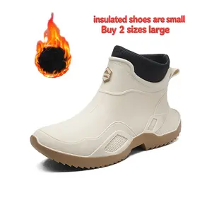 Men's Valentine's Day Waterproof Non-Slip Short Rain Boots, Durable Winter Outdoor Shoes for Work and Fishing, Fashionable Warm Slip-On, Waterproof Deck Boots