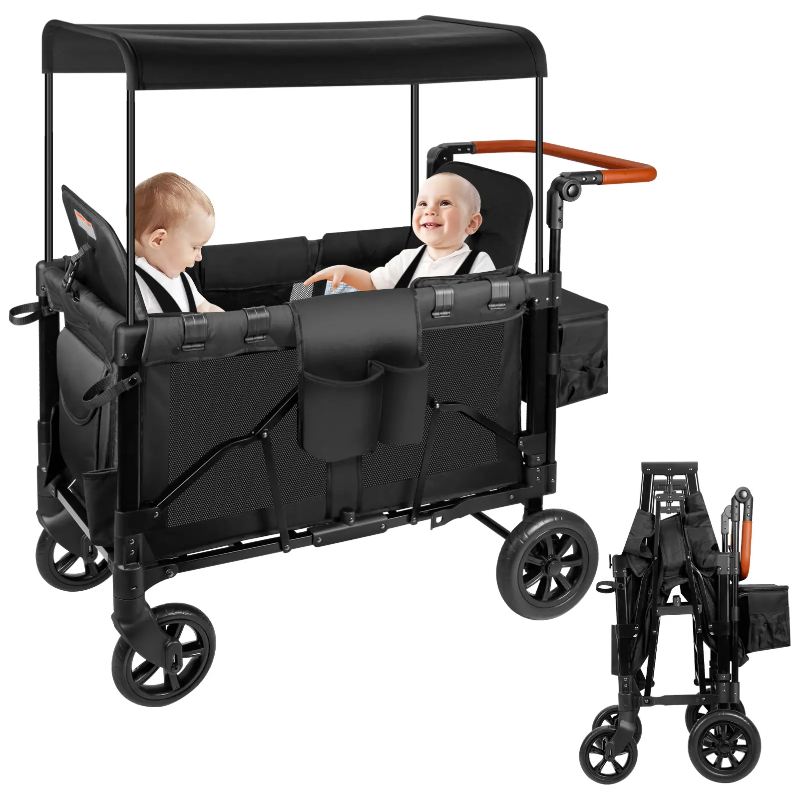 Stroller Wagon for 2 Kids, Wagon Cart Featuring 2 High Seat with 5-Point Harnesses and Adjustable Canopy, Convenient for Storage, Adjustable Handle for Infants and Toddlers