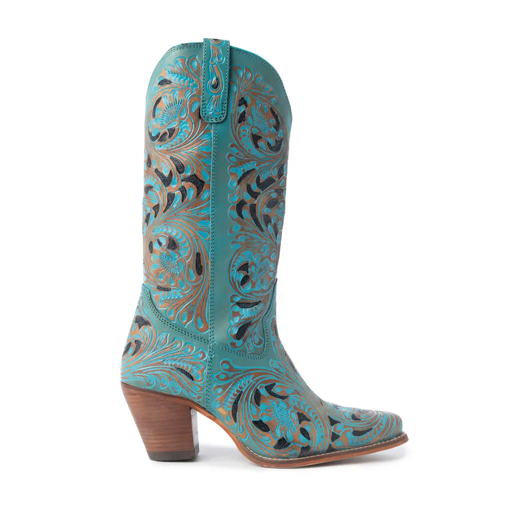 Stylish Western Cowgirl Boots for Women, Turquoise Genuine Leather with Hand-Tooled Embroidery, Snip Toe and 2.56" High Heel, Shoe