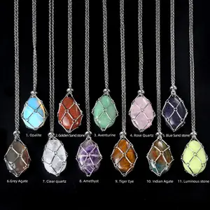 4pcs Nature Stone Pendants Stainless Steel Chain Metal Bamboo Necklace