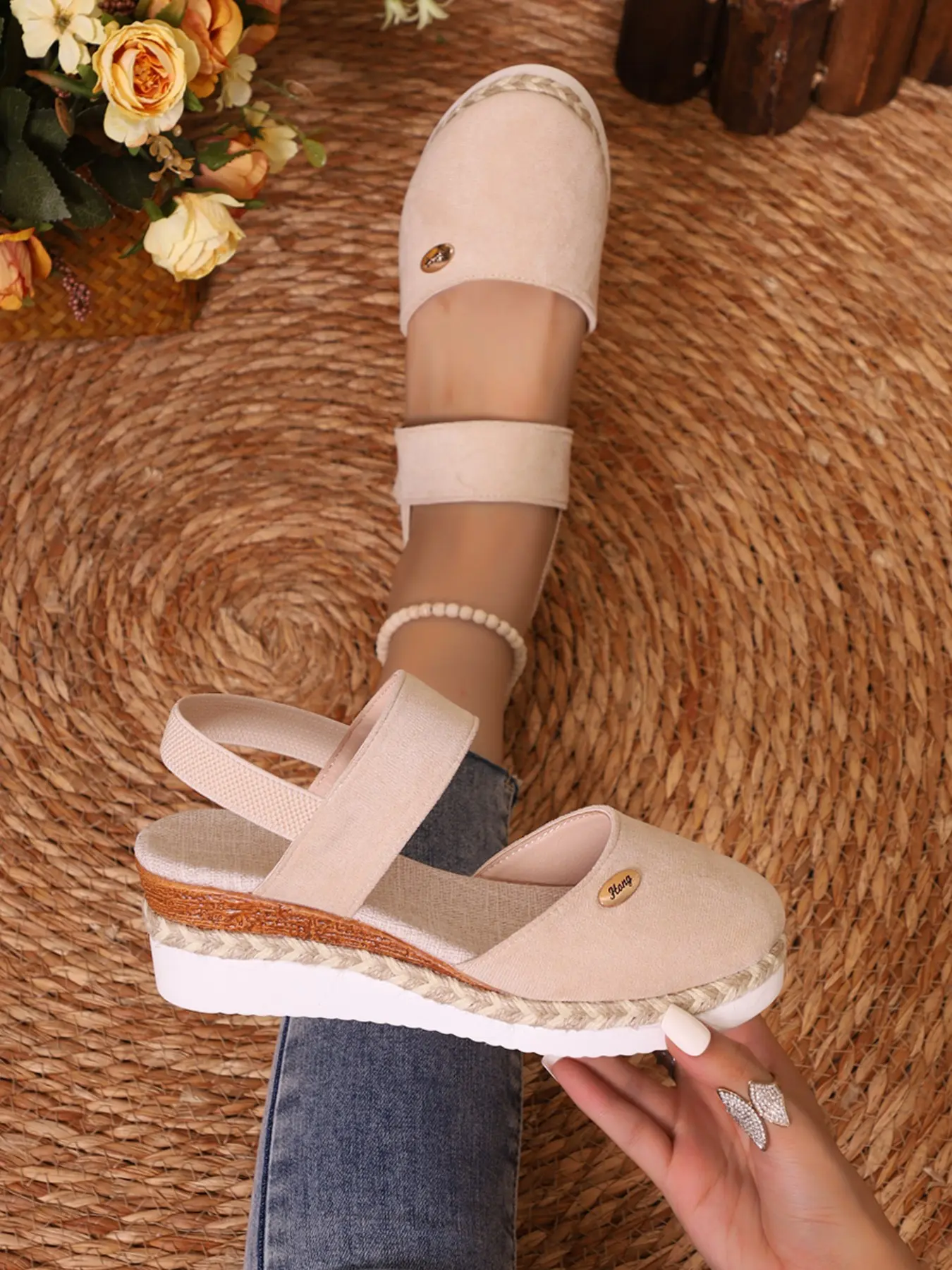 Plus Size Women's Wedge Heeled Sandals, Closed Toe, Elastic Strap, Bohemian Style, Boho Sandals, Lightweight Roman Sandals, Fashionable Comfy Sandals, Perfect for Chic Summer Footwear