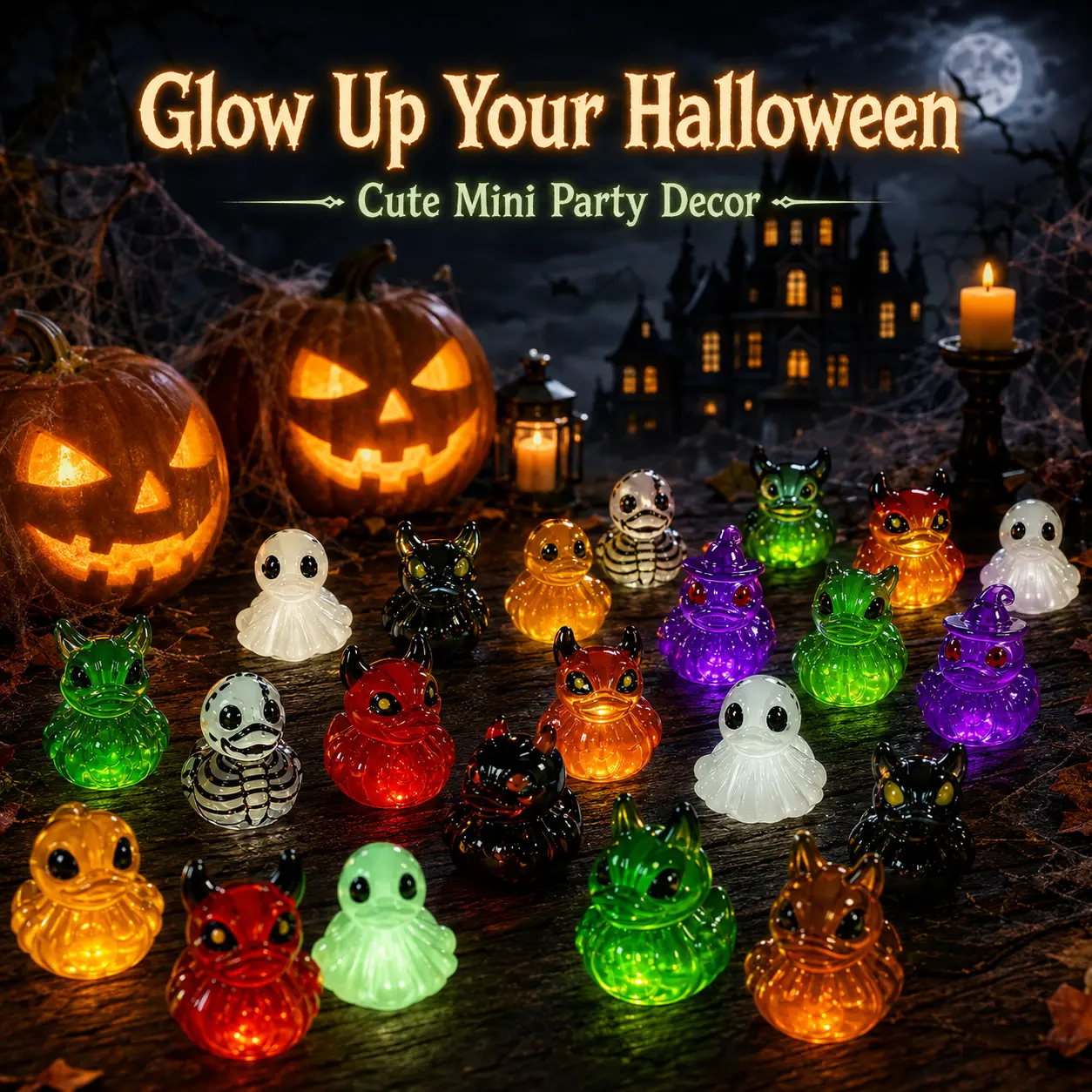 30PCS Glow-in-the-Dark Mini Halloween Resin Duck Figurines - Devil, Ghost & Skull Designs, Light-Up Magical Home Decoration, Festive Party Gift, Miniature Garden Ornament for Halloween Party Favors