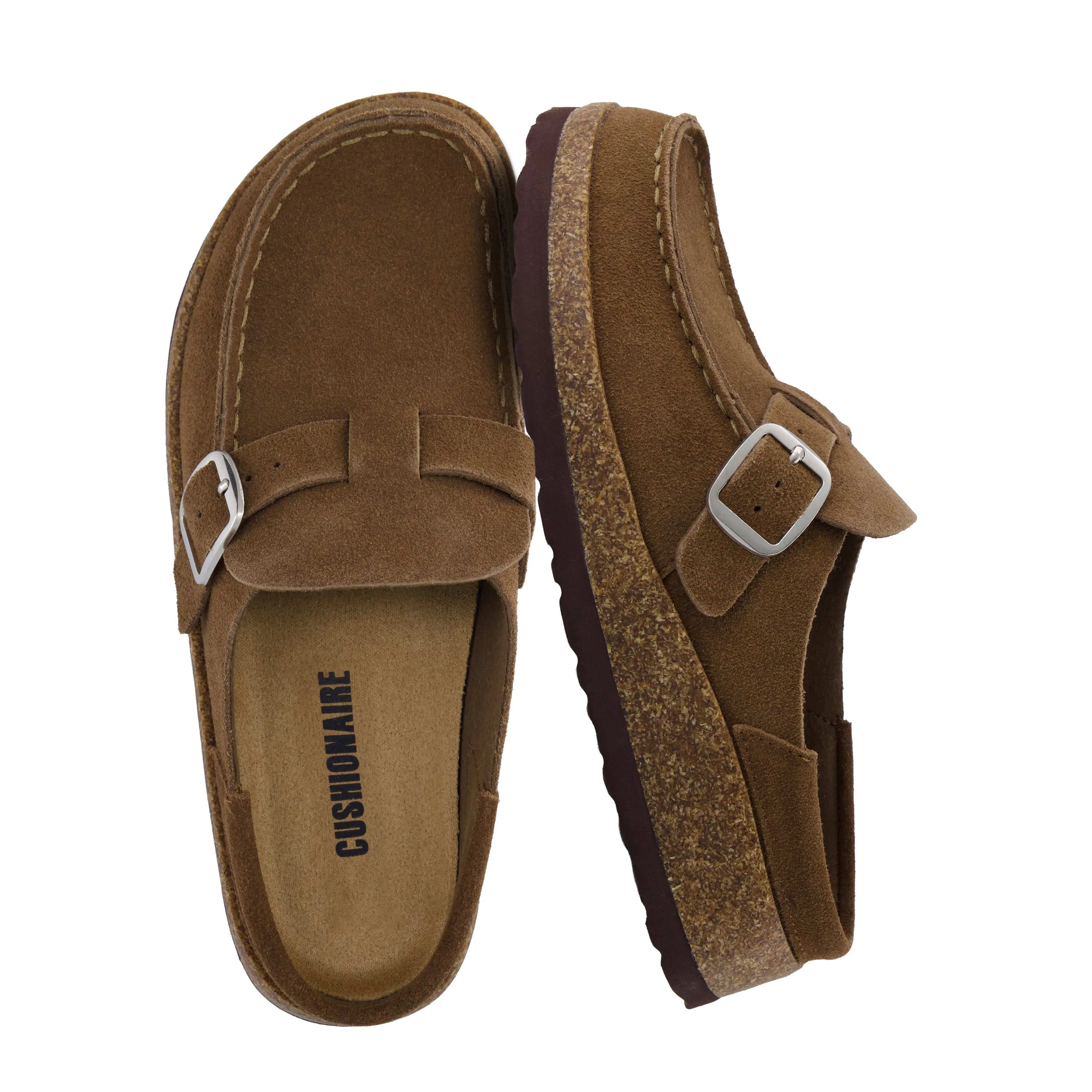 Cushionaire Hobby Leather Clogs For Women | Genuine Suede Slip On Mule Clogs With Adjustable Buckle Strap | Classic Cork Footbed Design For Everyday Indoor Outdoor Wear