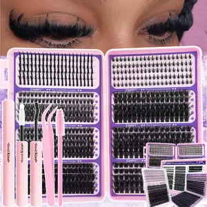 800/400/300/244Pcs Cluster Eyelash Extension Kit, Mixed Large Capacity False Eyelash with Glue, Tweezers & Brush, Spikes+Bottom+Fluffy Individual Lashes, Manga Lash Clusters, D Curl Ultra-Thick False Eyelashes, Suitable for Any Style