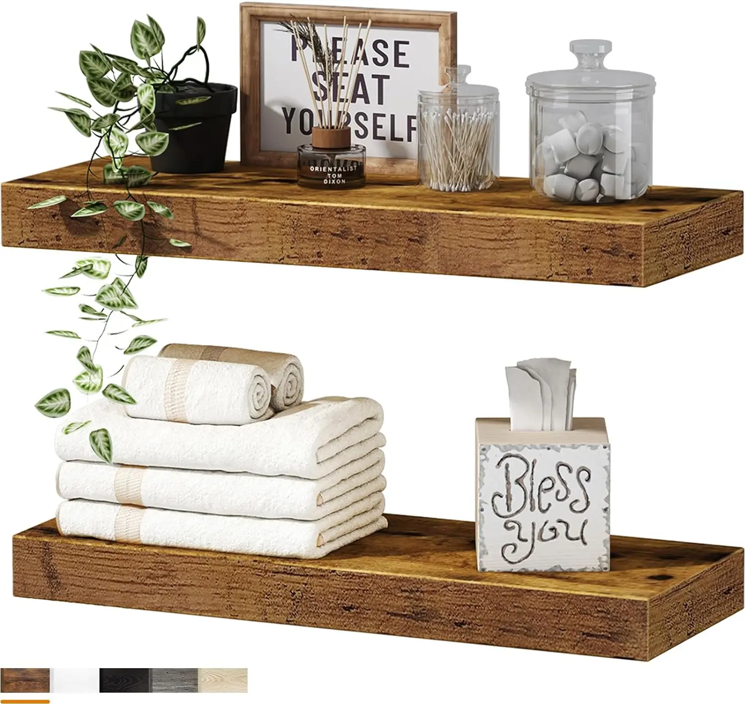 16-Inch Rustic Brown Wooden Wall Shelves - 2-Piece Floating Bathroom Accessories Set, Wall-Mounted Farmhouse Decorative Storage for Over Toilet, MDF Construction Holds Toilet Paper, Towels (008-40BN), Wooden Wall Shelf