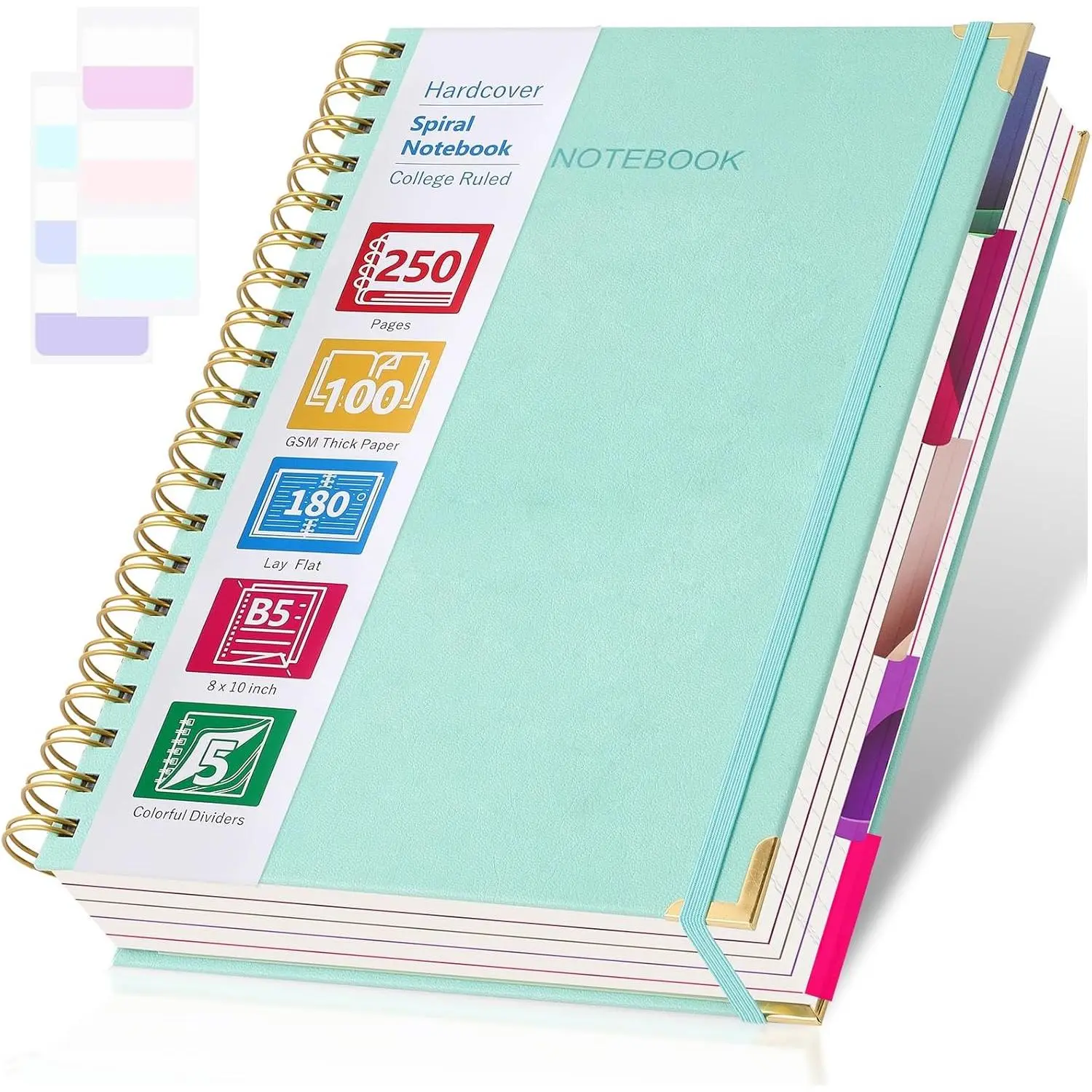 Spiral Notebook 8.5" x 11", 5 Subject Notebook, Hardcover College Ruled Notebook with Dividers, Large Leather Notebooks for Work, School, Note Taking, Thick Notebook Journal for Women Men, A4, Teal