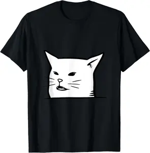 100% Cotton Angry women yelling at confused cat at dinner table meme T-Shirt