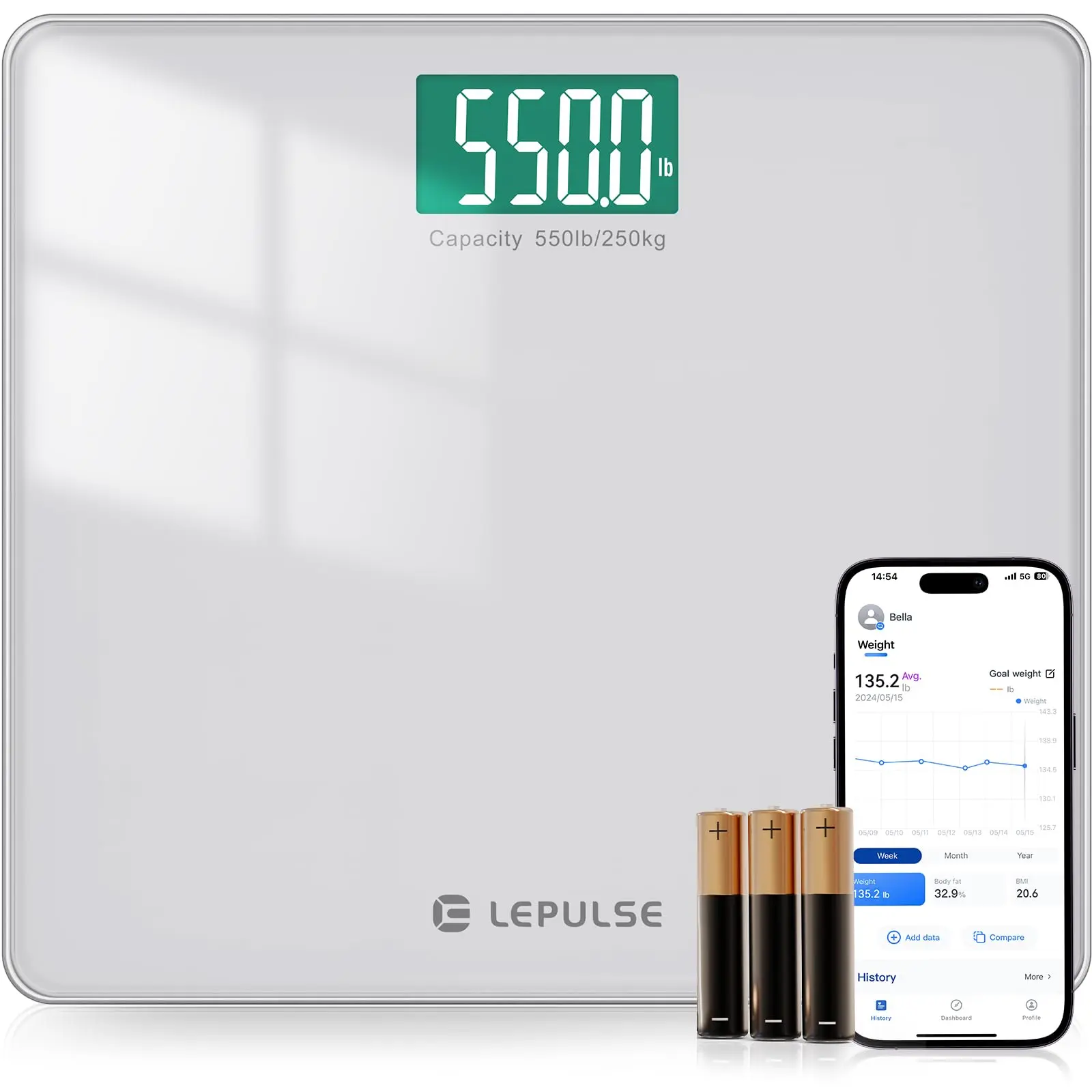 LEPULSE 550lb Bathroom Digital Scale for Body Weight BMI Extra Wide Platform High Capacity Large Backlit Display Most Accurate Bathroom Scale up to 500 lbs Weight Scale with APP 8mm Tempered Glass