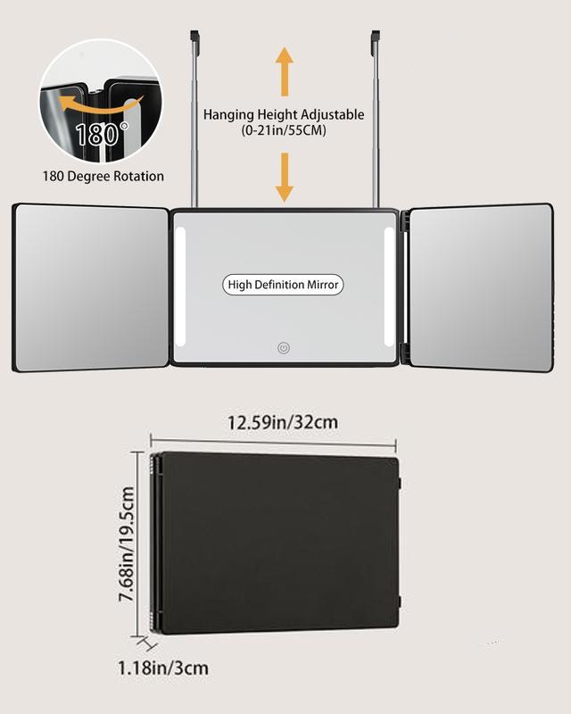 Adjustable LED Light 3 Way Mirror, Portable Trifold Mirror for Shaving, Grooming, Hair Styling, Dye Hair, Makeup, Braiding, 360 Degree Mirror