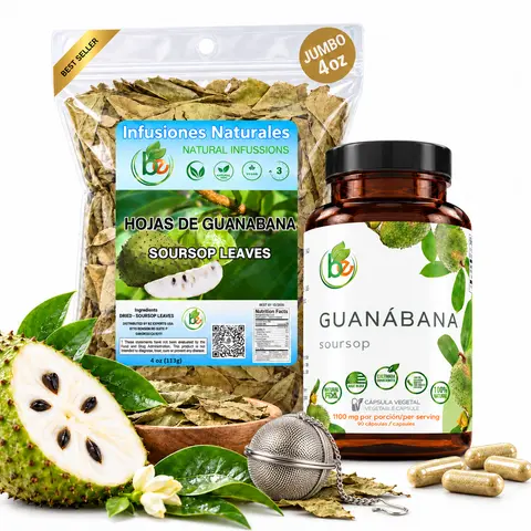 Guanábana (Soursop) Wellness Set – 90 Capsules + Whole Dried Soursop Leaves (4 oz) + Stainless Steel Tea Strainer
