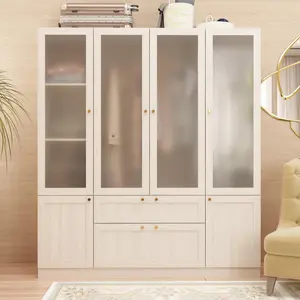 FUFU&GAGA Armoire Wardrobe Closet with 4 Frosted Glass Doors, Hanging Bars, Shelves & Drawers, Wooden Closet Storage Cabinet for Bedroom Furniture Organization Modern Design