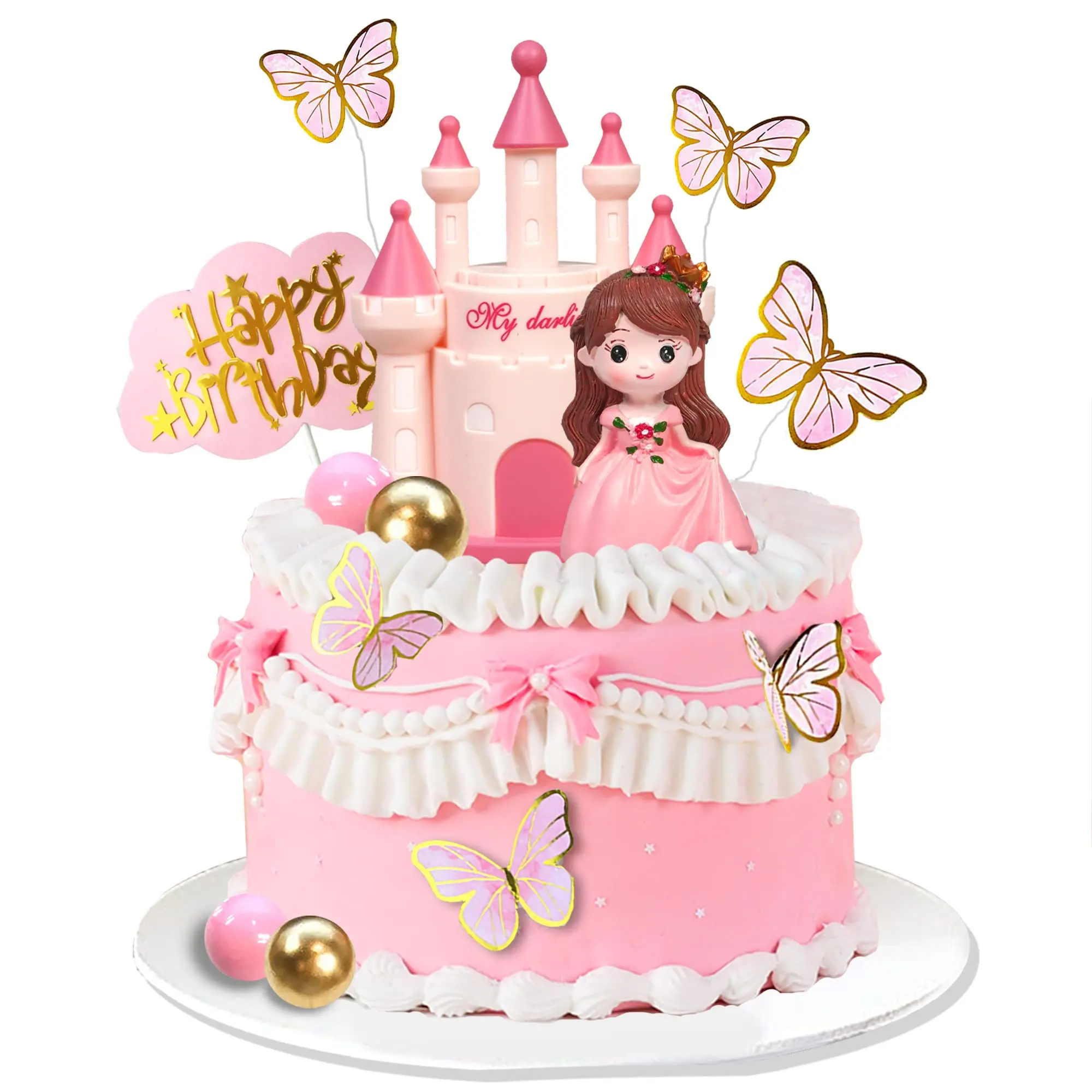 19 Princess Cake Topper Castle Decoration With Butterflies And Balls For Girl Happy Birthday Party Decorations Shower Supplies (pink)